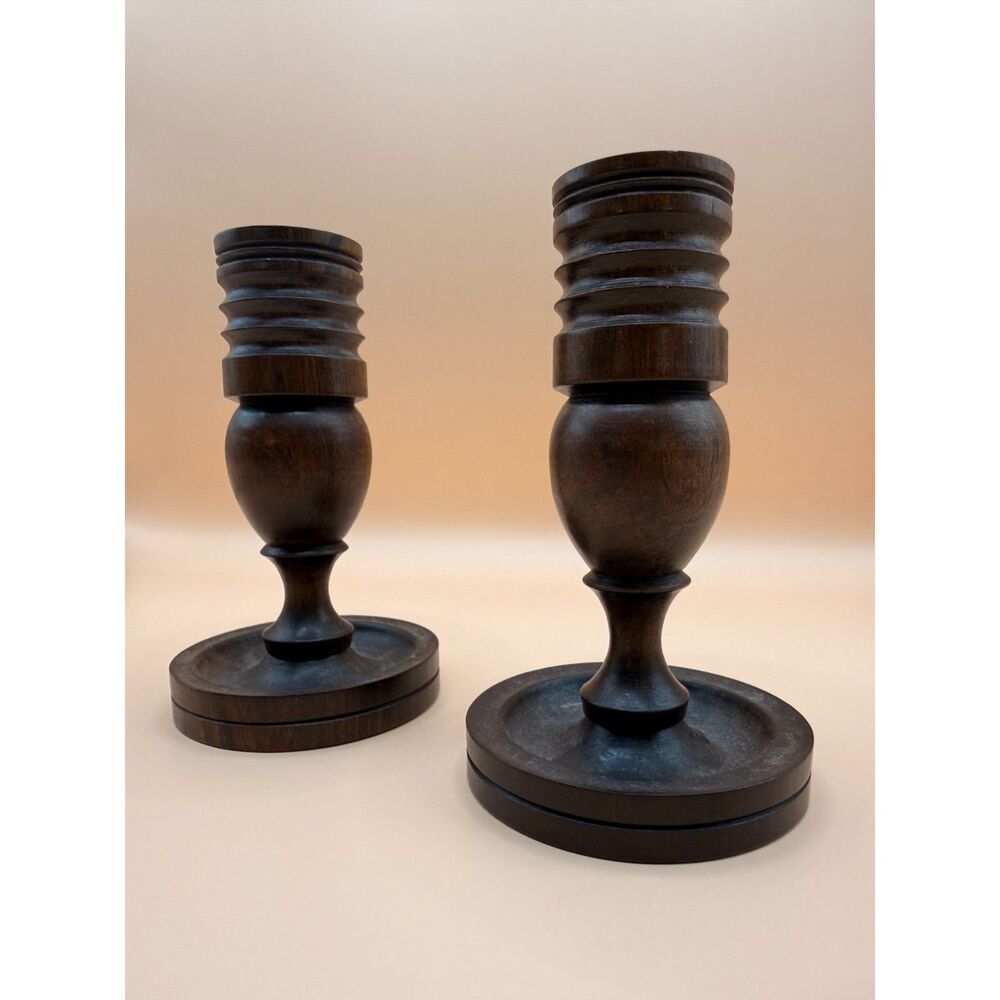 Vintage MCM Turned Wood Candlesticks Pair – Dark Wood Sculptural Candle Holders